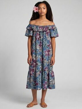 Vintage Hilo Hattie Hawaiian Original Midi Dress Size M Blue Purple Casual Beach